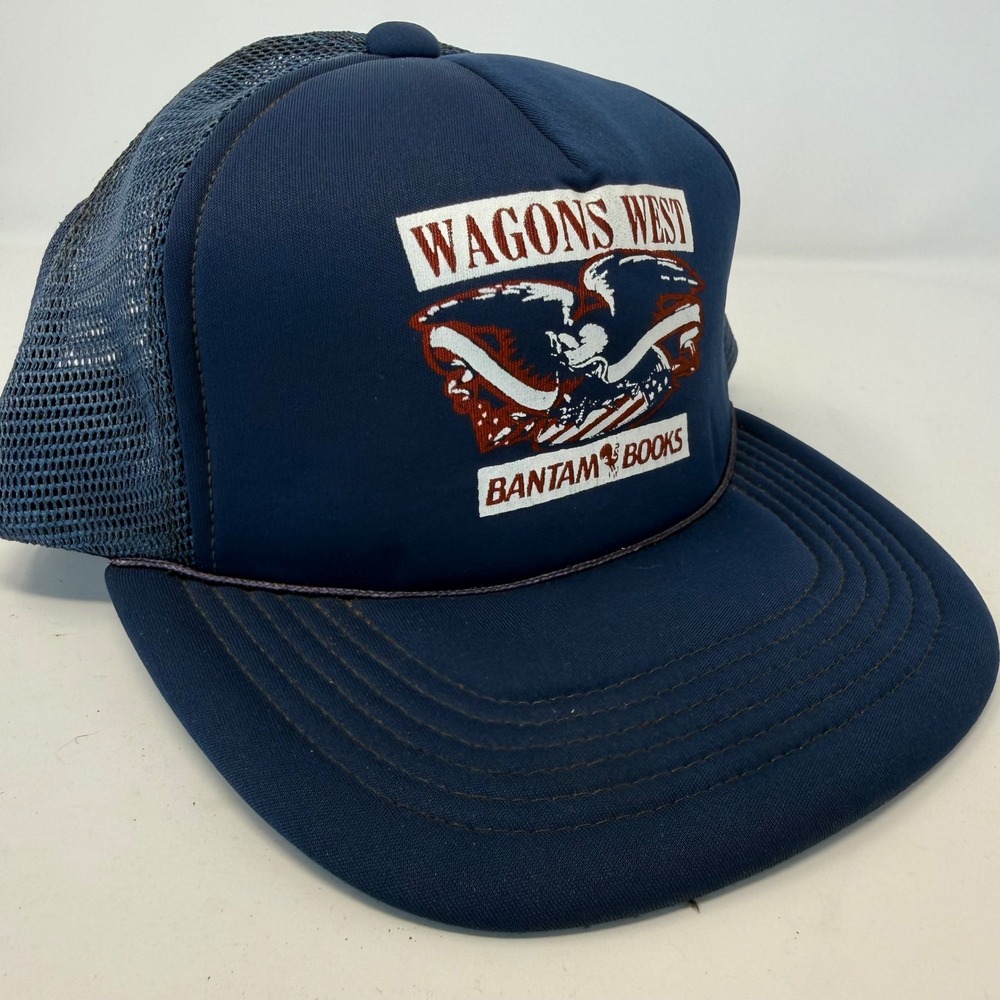 Vintage Wagons West Bantam Books Trucker Hat Navy Blue Mesh Snapback Cap Eagle